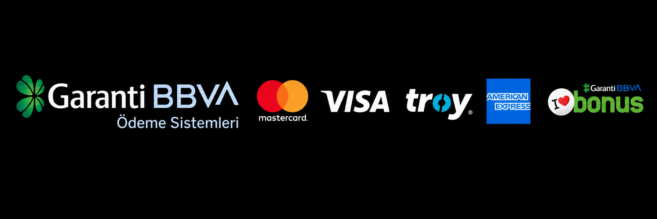 Garanti BBVA Ödeme Sistemleri · Mastercard · Visa · Troy · American Express · Bonus