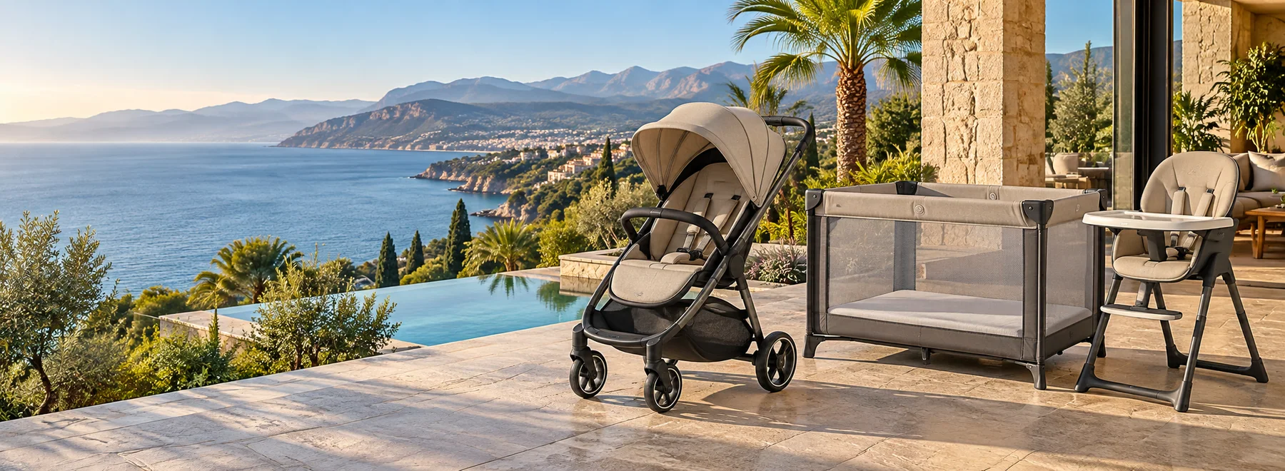 Kinderwagen, Reisebett und Hochstuhl für den Urlaub
