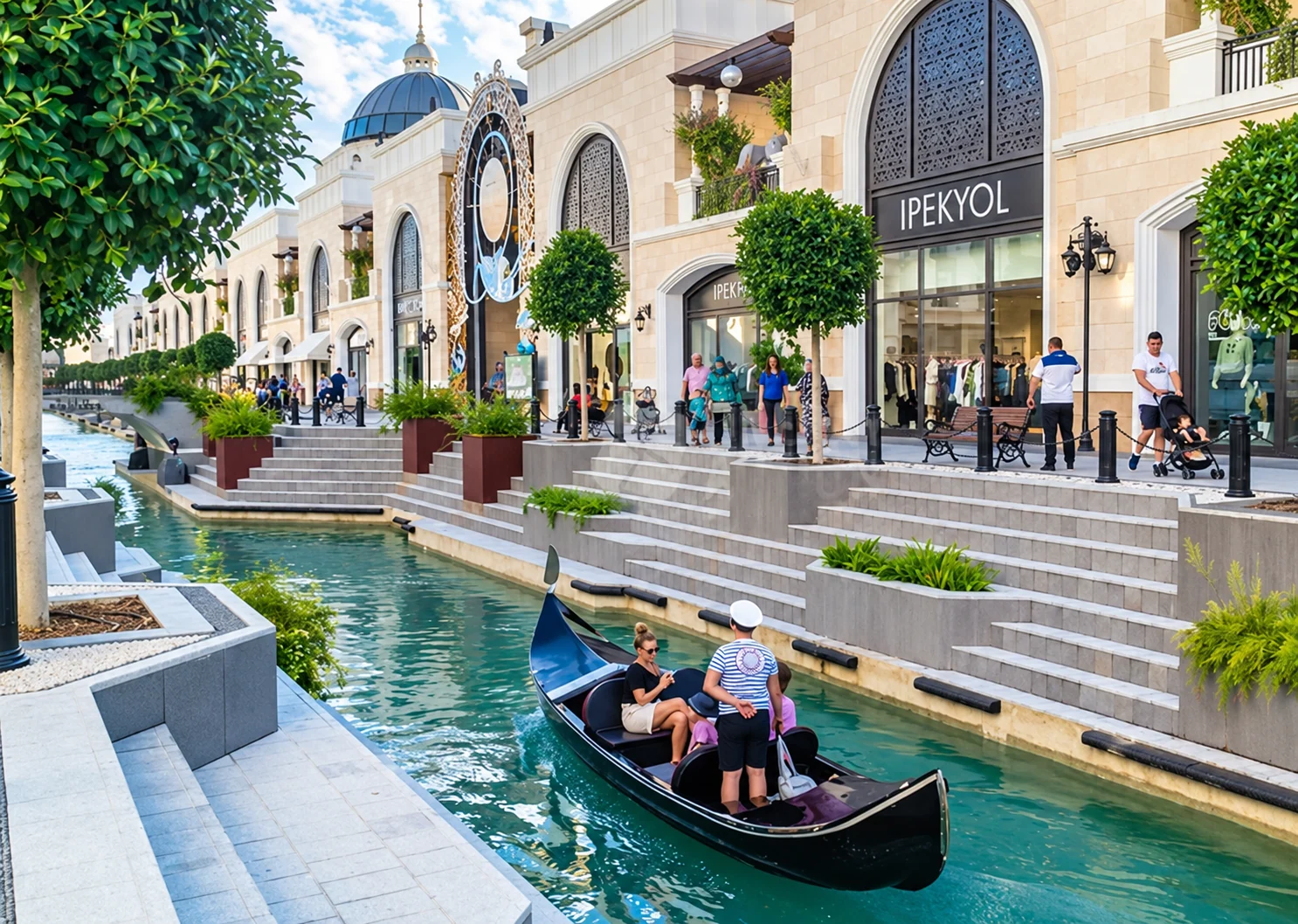 Shops and the daytime canal area at The Land of Legends