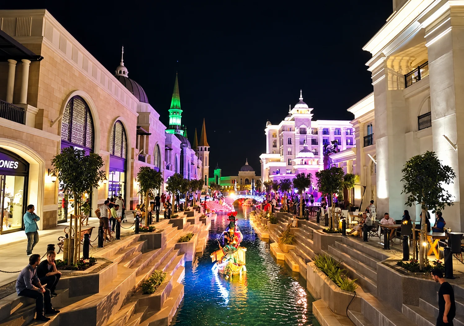Illuminated buildings and visitors on both sides of the canal after dark